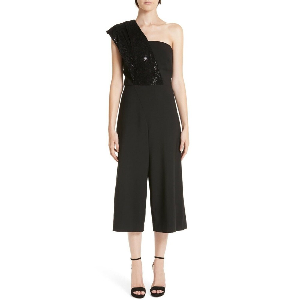 HANEY Black Sequin ZOIE One Shoulder Belted Crop Modern Pants Jumpsuit 8 ~ M NEW